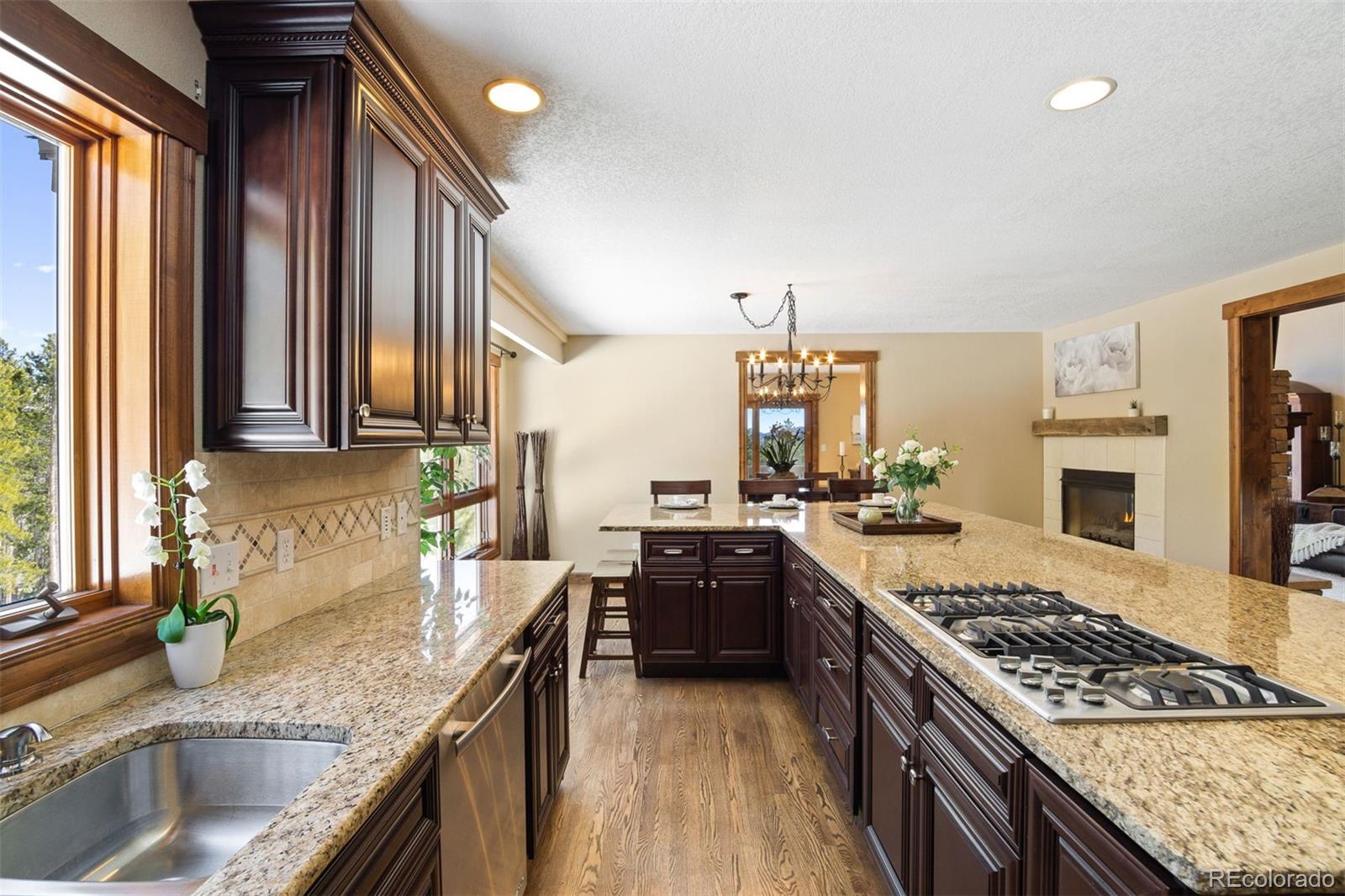 8331 South Warhawk Road Conifer, CO 80433 - Photo 10 of 40 a kitchen with stainless steel appliances granite countertop a sink stove and refrigerator