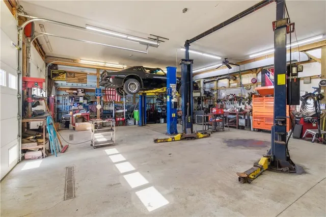 a view of a garage with storage
