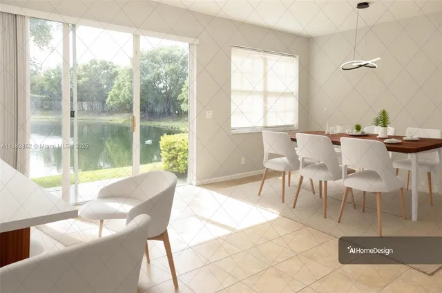 a view of a dining room with furniture window and outside view