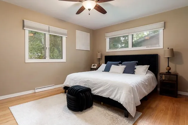 a bedroom with a bed and a closet