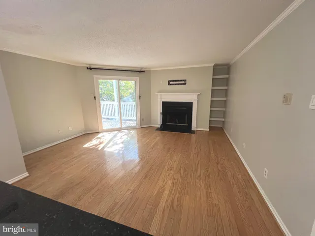 a view of empty room with wooden floor and fireplace