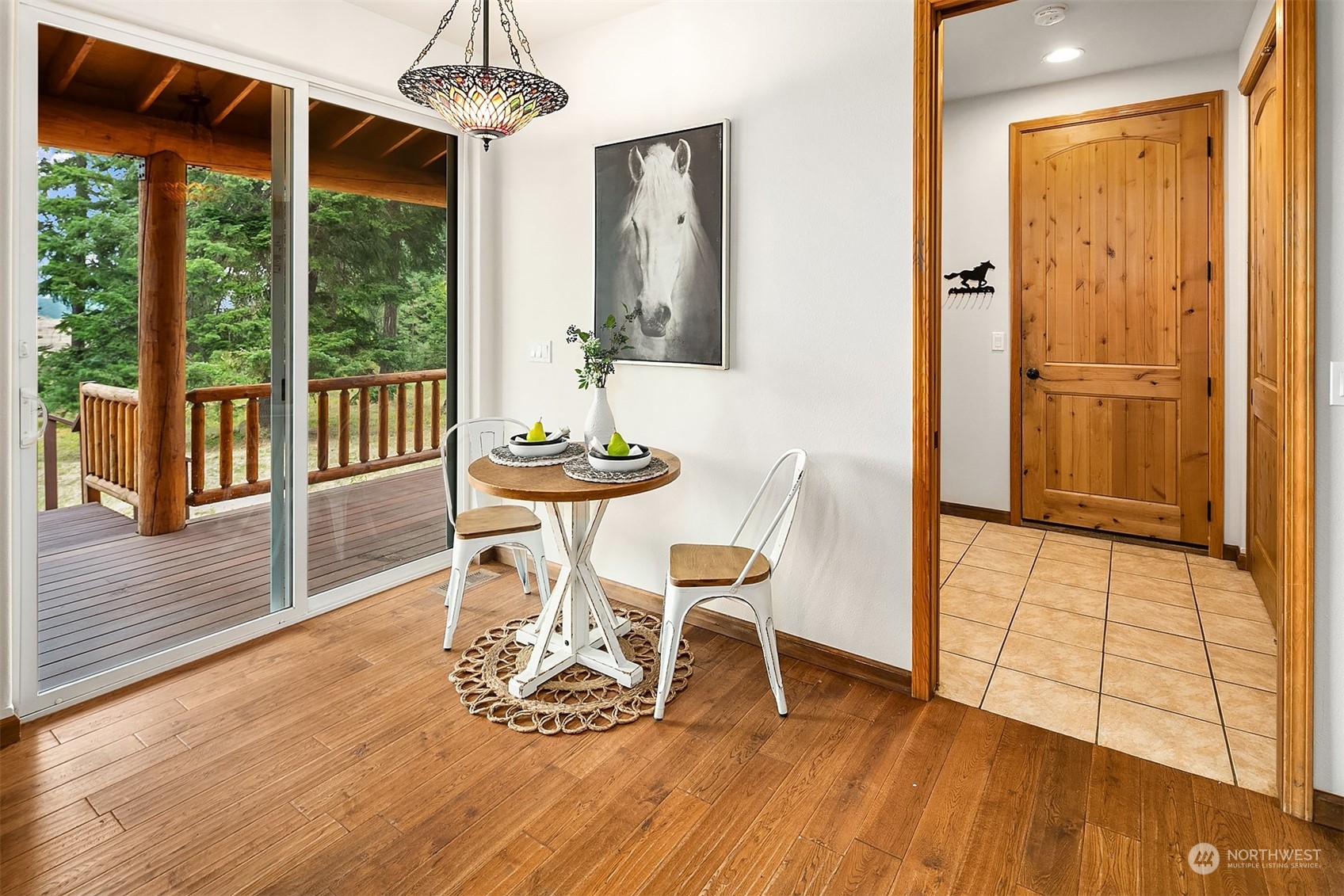 111 Chandler Road Cle Elum, WA 98922 - Photo 13 of 36 a dining room with wooden floor a chandelier a glass table and chairs