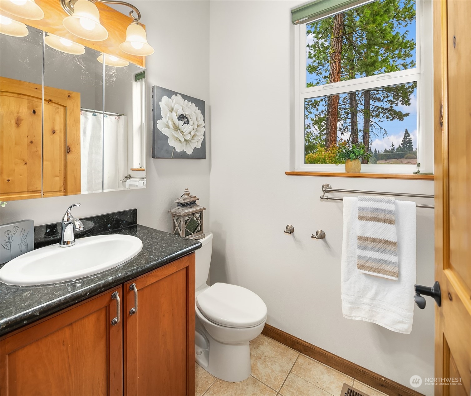 111 Chandler Road Cle Elum, WA 98922 - Photo 32 of 36 a bathroom with a granite countertop toilet sink and mirror