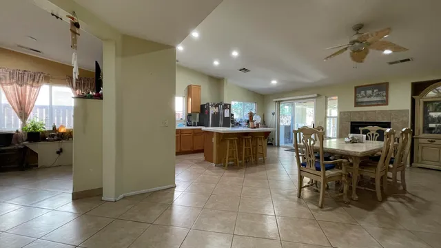 a view of a dining room with furniture