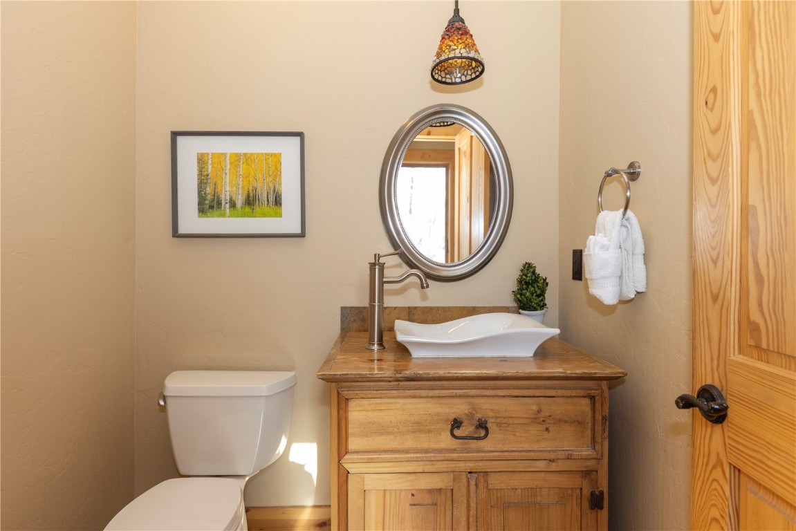 511 Ryan Gulch Road Wildernest, CO 80498 - Photo 25 of 37 Half bathroom with vanity and a textured wall