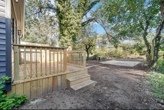 a view of a backyard with large trees
