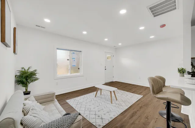 a living room with furniture and a potted plant