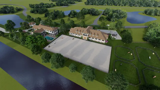 an aerial view of a house with yard