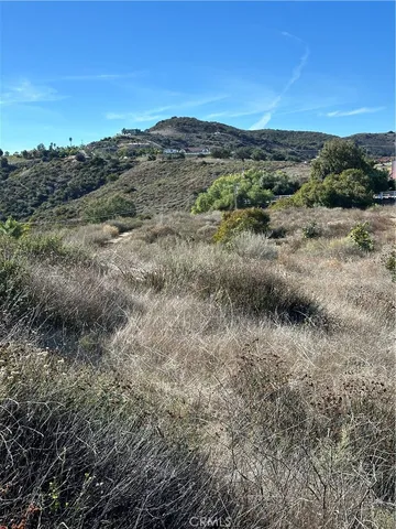 a view of a dry yard with mountains in the background