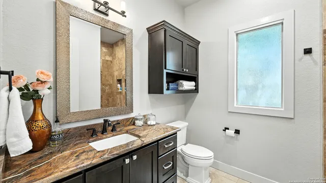 a bathroom with a granite countertop sink toilet and mirror