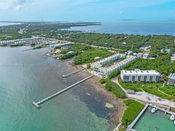 an aerial view of residential houses with outdoor space and river