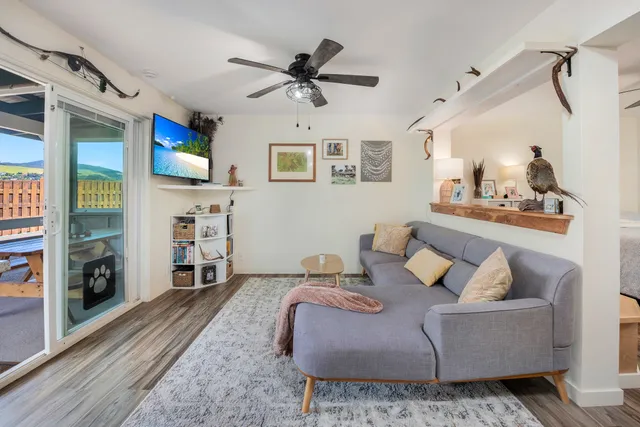 a living room with furniture and a rug