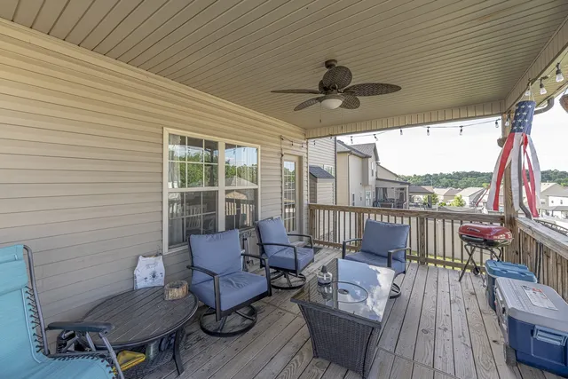 a balcony with furniture and a potted plant