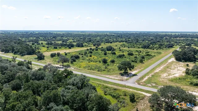 an aerial view of residential houses with outdoor space and trees