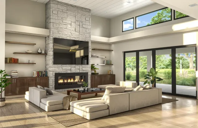 a living room with furniture a fireplace and a large window