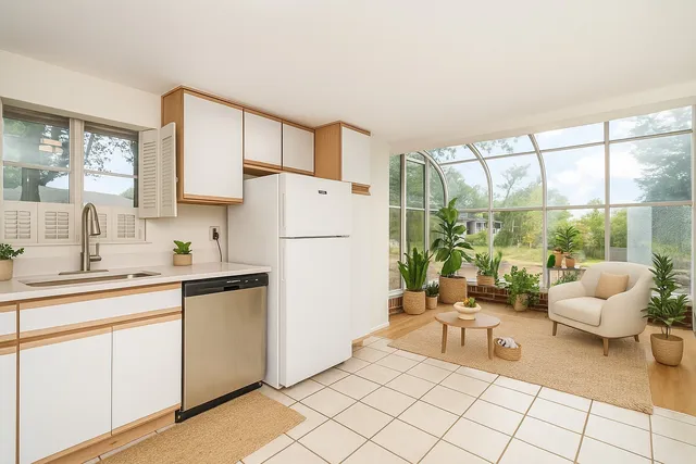 a kitchen with a refrigerator and white cabinets