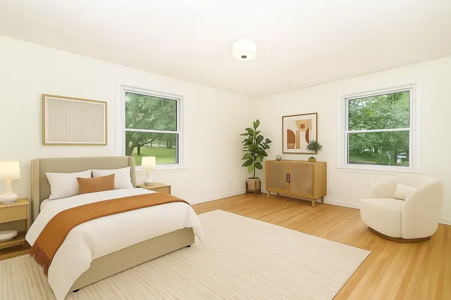 a bedroom with a bed and a couch