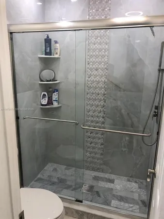 a bathroom with a shower and toilet