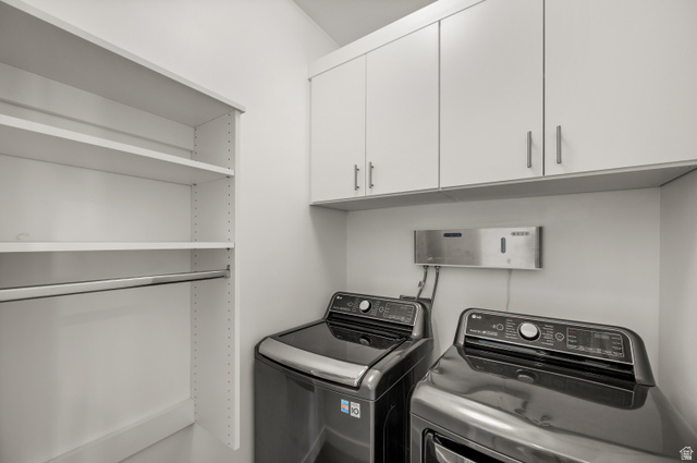 12241 900 East, Unit 7 Draper, UT 84020 - Photo 17 of 22 Laundry area featuring white cabinetry, integrated shelving, and a hanging rod