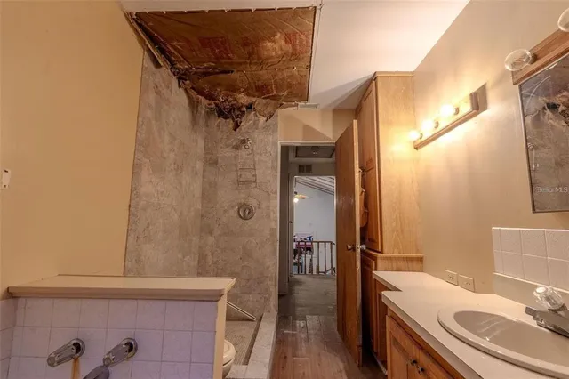 a bathroom with a sink a vanity and shower