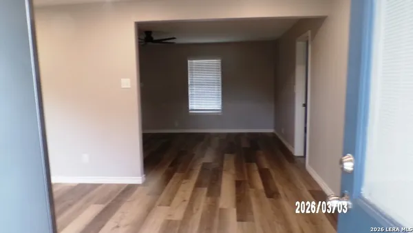a view of a backyard with large trees and wooden fence