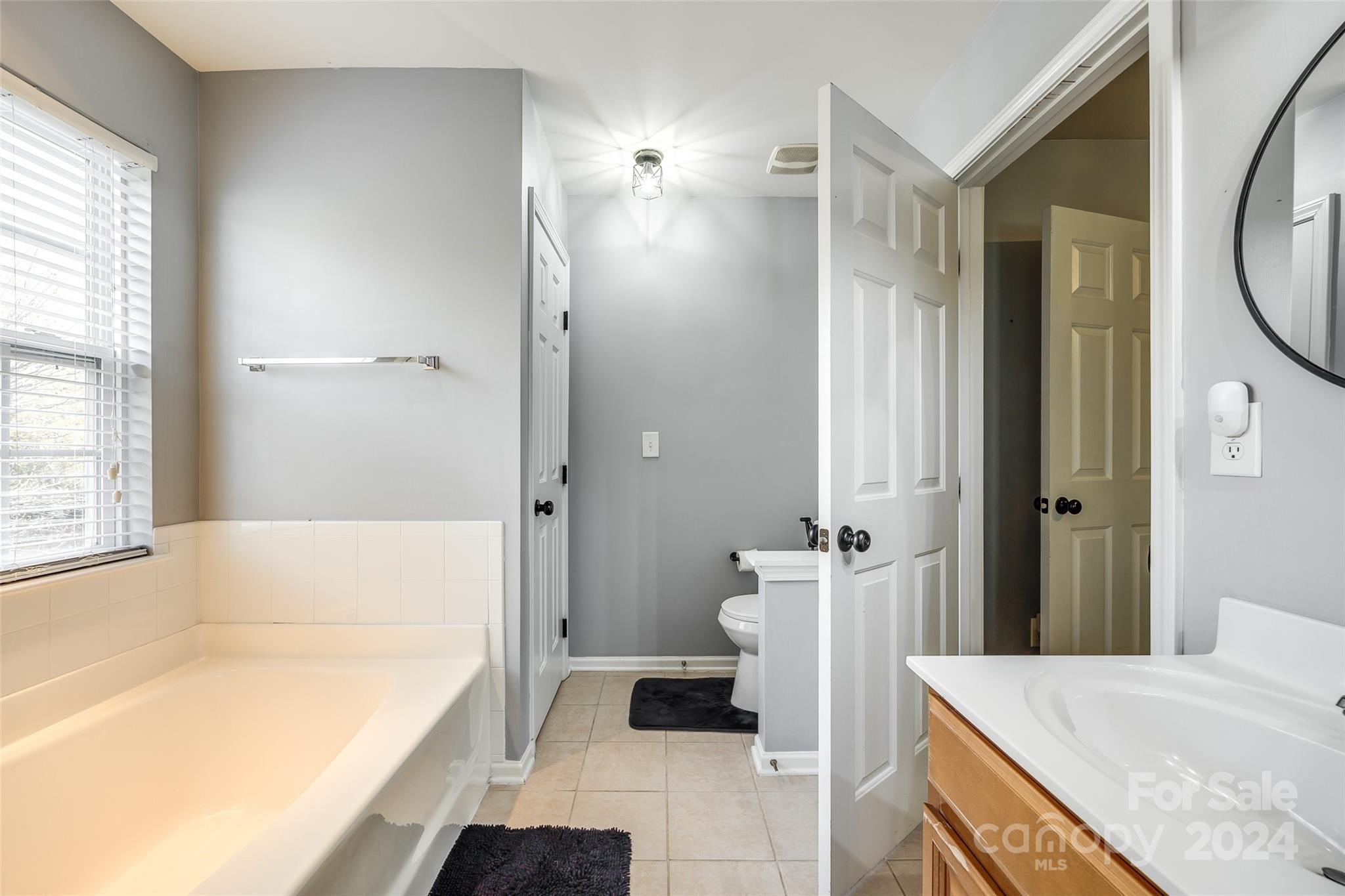 11417 Winget Pond Road Charlotte, NC 28278 - Photo 27 of 39 a bathroom with a tub a sink and a large mirror
