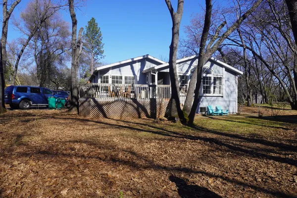 a view of a house with a yard and a large tree