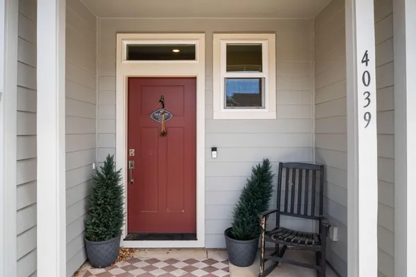 a potted plant in front of a door