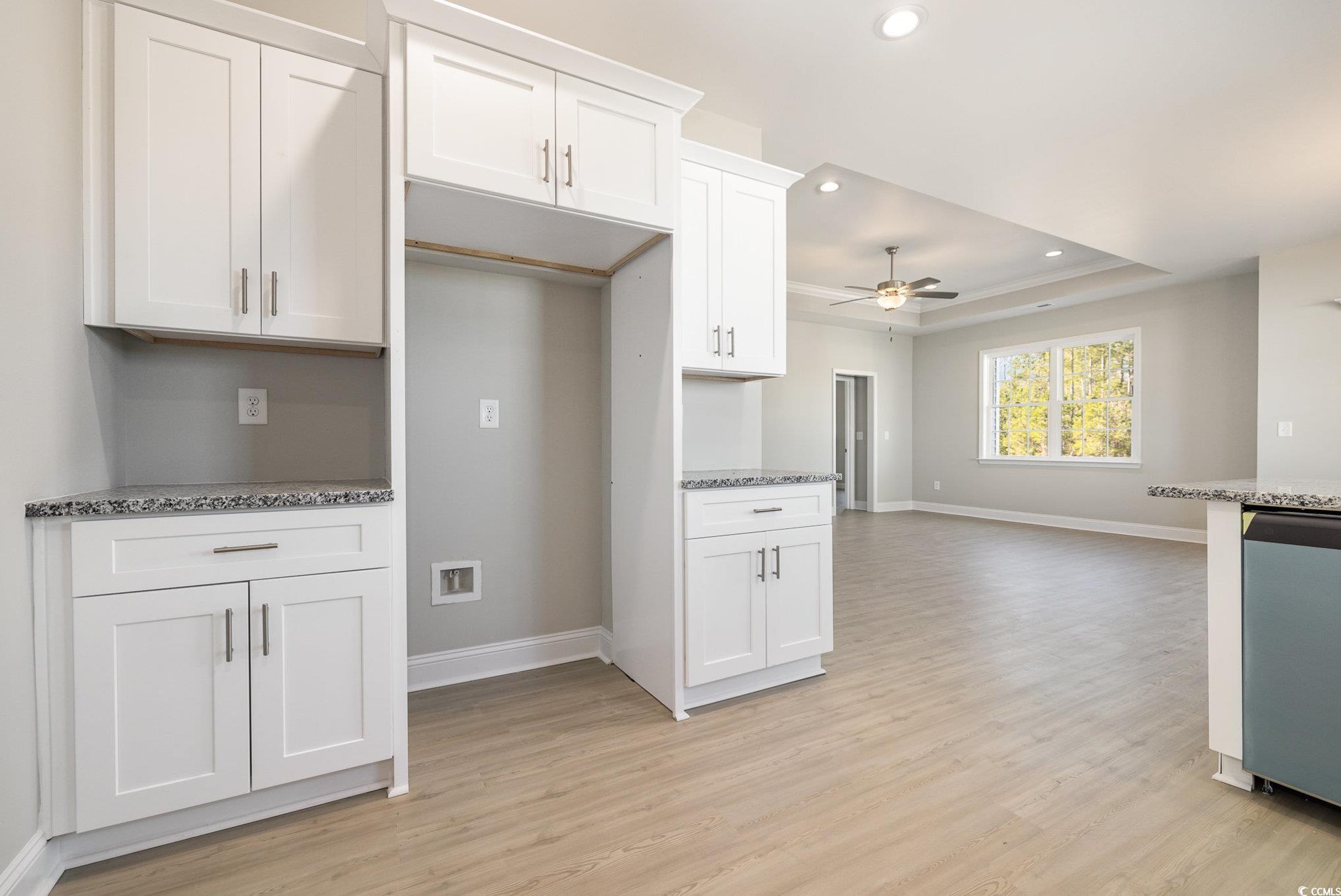 369 Log Cabin Road Loris, SC 29569 - Photo 11 of 30 Kitchen featuring white cabinetry, ceiling fan, li