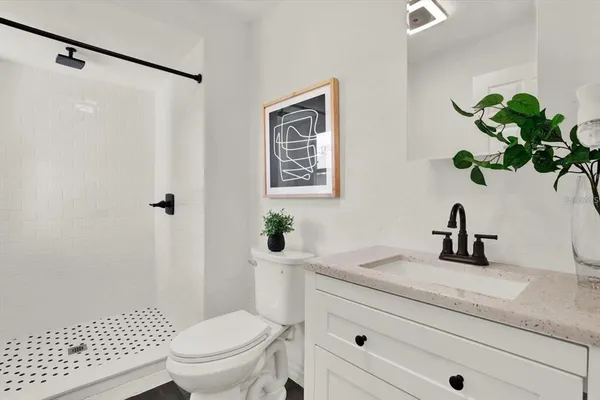 a bathroom with a sink a toilet and a shower