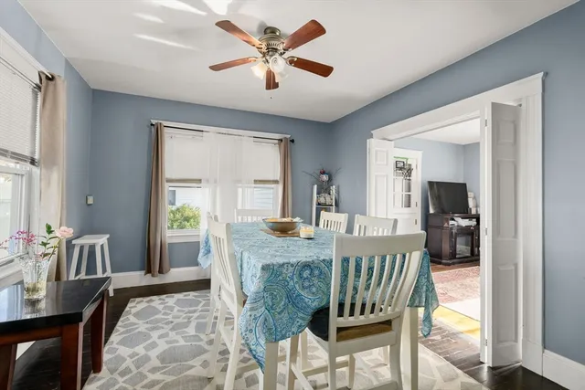 a view of a dining room with furniture