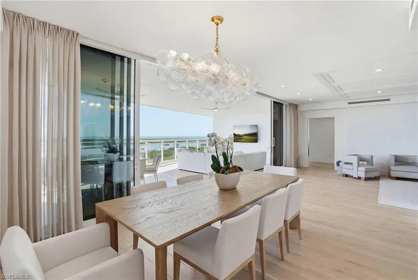 a view of a dining room with furniture window and outside view
