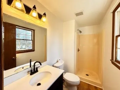 a bathroom with a sink a toilet and shower