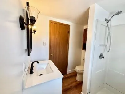 a bathroom with a sink a toilet and shower