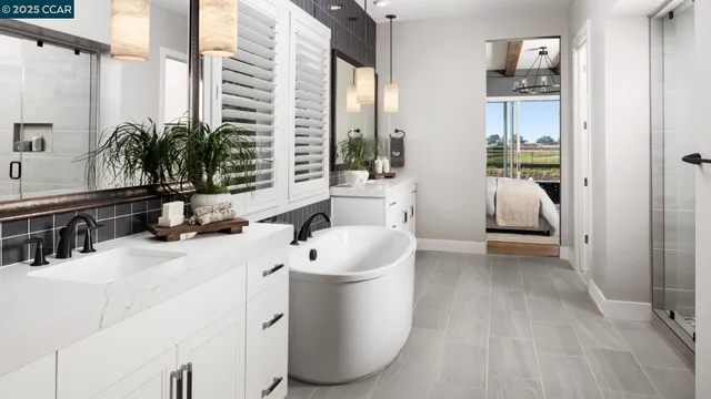 a bathroom with a sink a potted plant and a large mirror