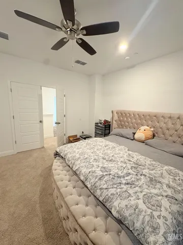 a bedroom with a bed and a ceiling fan