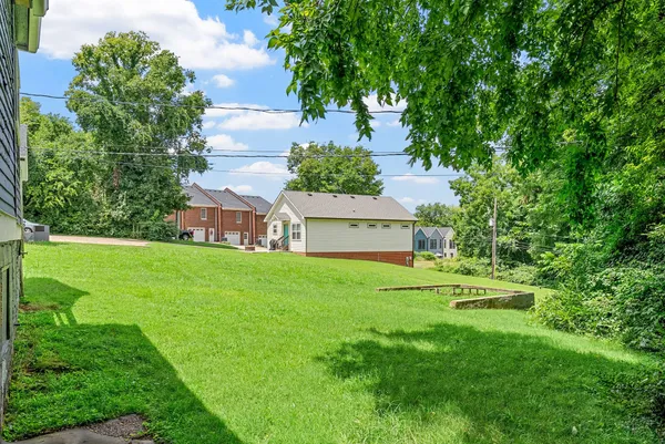 a view of a house with a big yard potted plants and a large tree