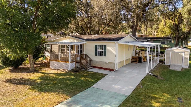 a view of a house with a big yard potted plants and large tree