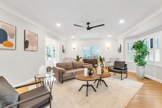 a living room with furniture and potted plant