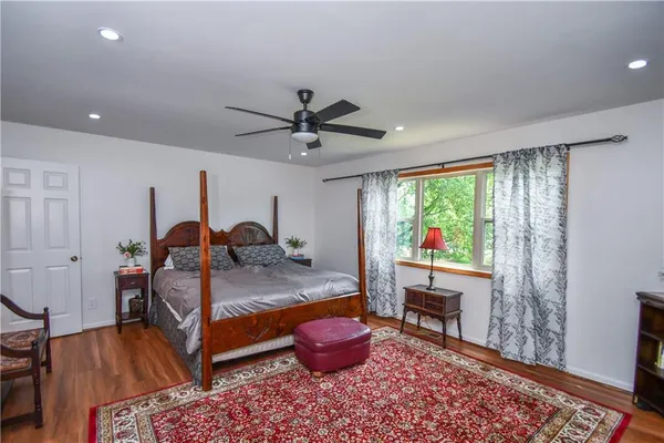 a view of a backyard with large trees