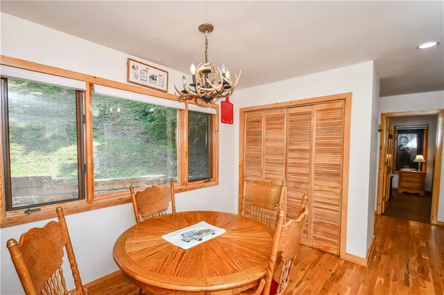 a view of a dining room with furniture