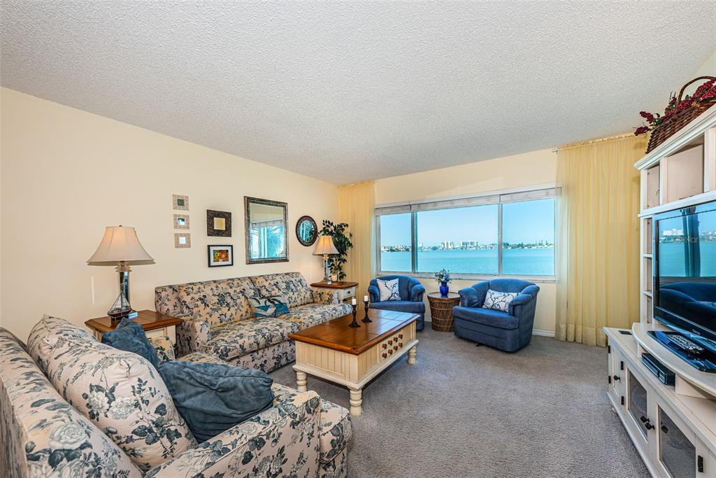 4750 Cove Circle, Unit 303 St. Petersburg, FL 33708 - Photo 18 of 64 a living room with furniture a large window and a flat screen tv