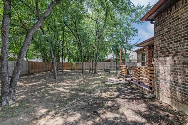 a view of a yard with plants and trees