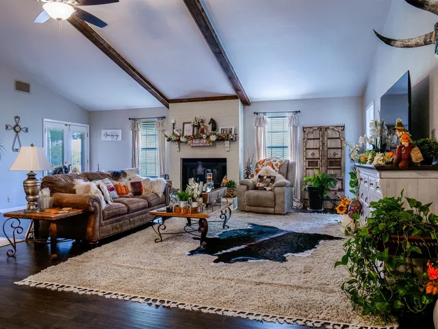 a living room with furniture fireplace and potted plant