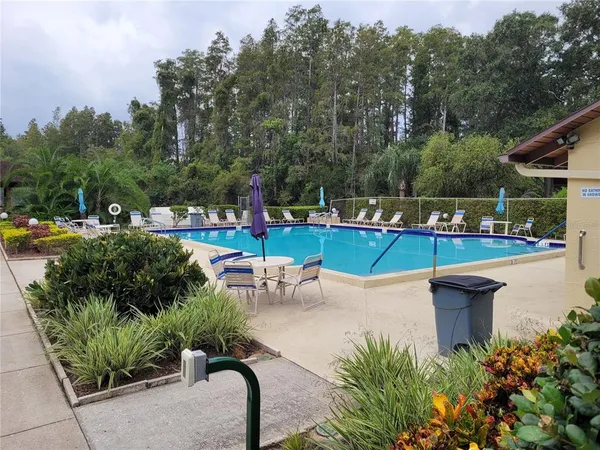 a view of a swimming pool with a patio and a garden