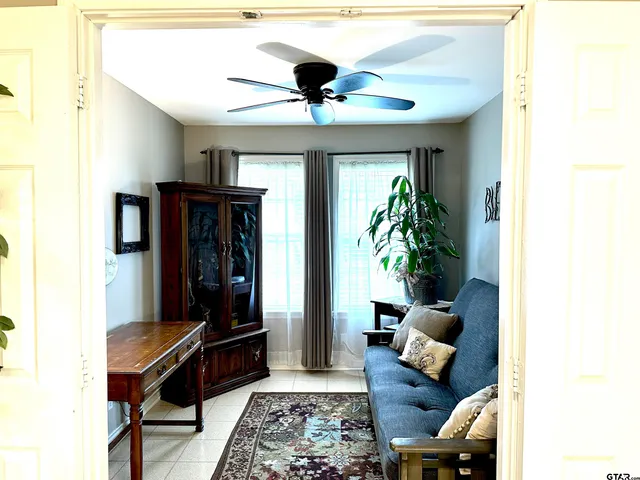 a living room with furniture and a potted plant