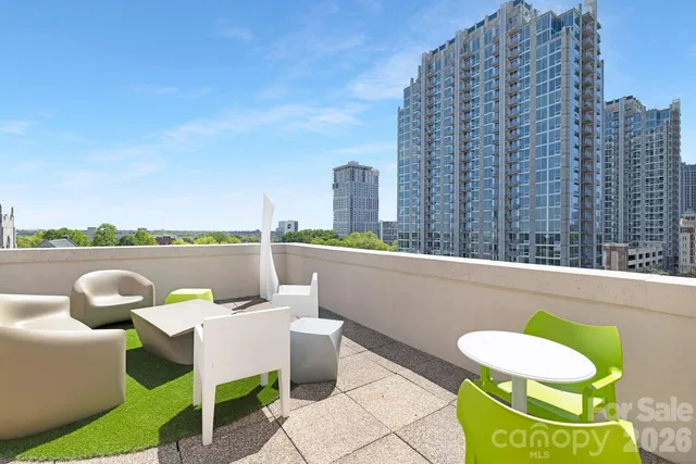 a terrace with outdoor seating and city view