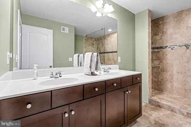 a bathroom with a double vanity sink mirror and shower