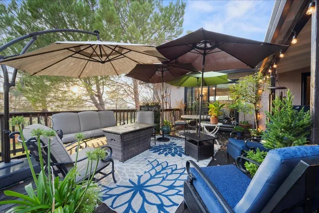 an outdoor space with seating