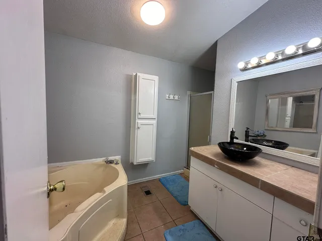 a bathroom with a tub sink and mirror